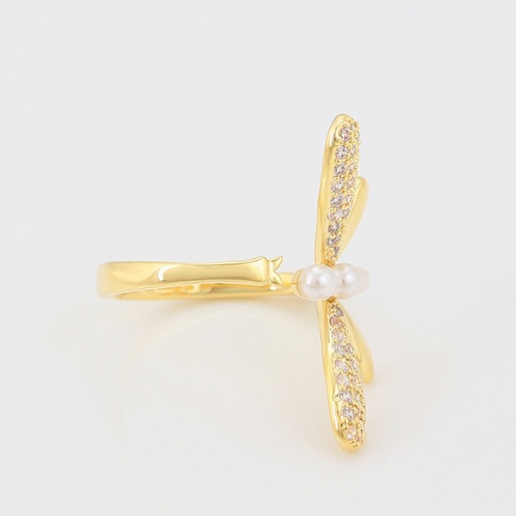 Dragonfly Ring Adjustable 14k Gold Plated CZ Stone - Picture 6 of 9